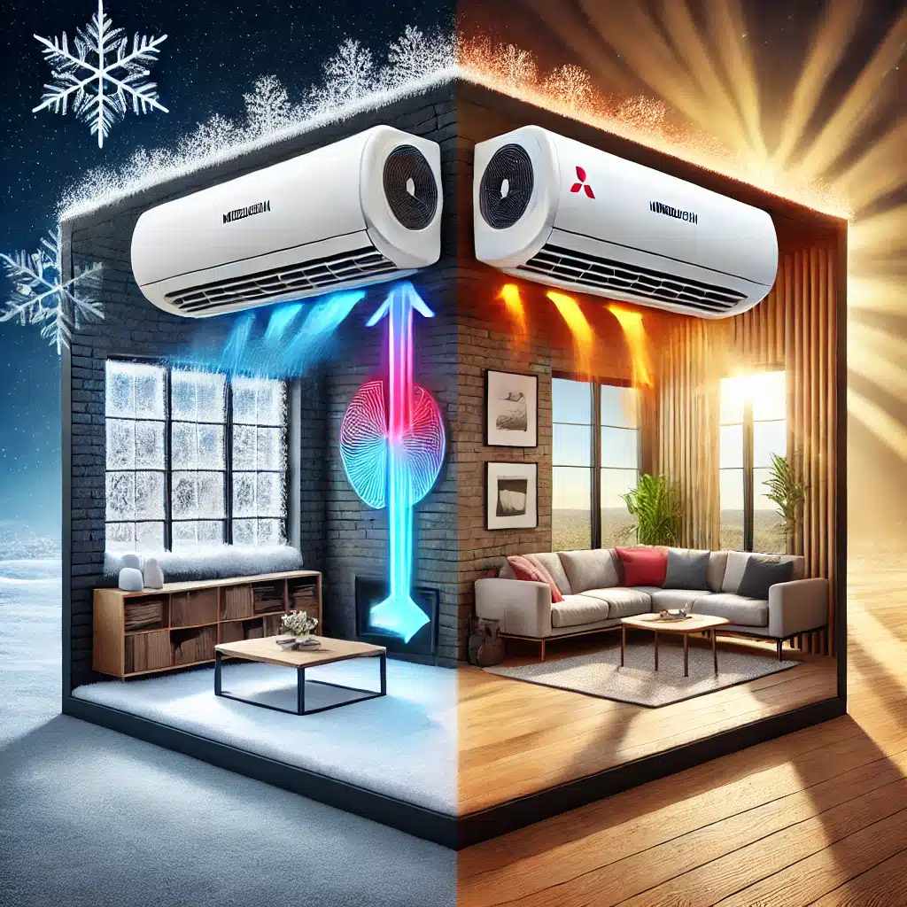 DALL·E 2024 12 17 12.15.41 A visually appealing boxed image representing year round comfort provided by a heat pump system. The image is divided into two halves the left side s
