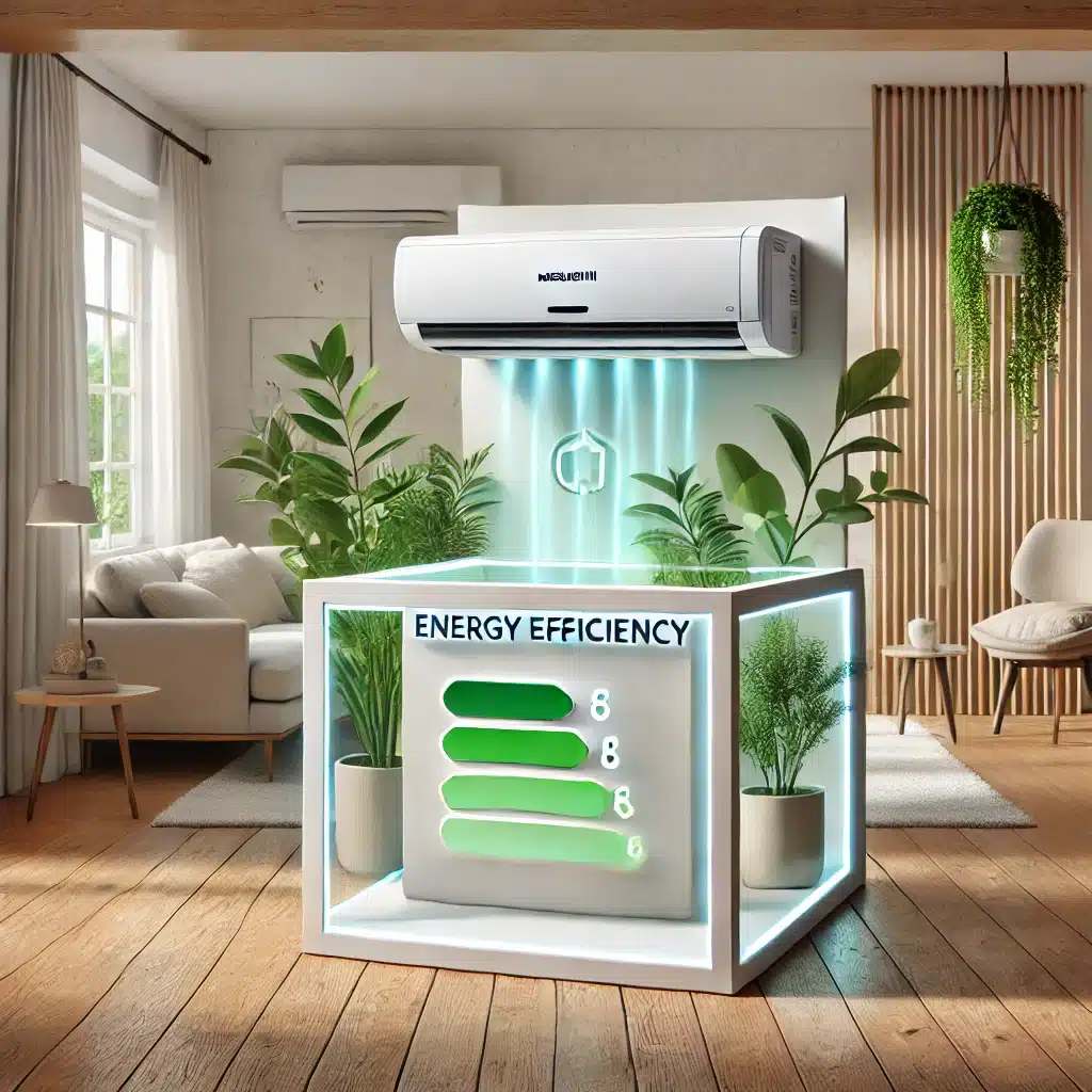 DALL·E 2024 12 17 12.17.38 A visually appealing boxed image representing energy efficiency provided by a heat pump system without any text. The scene features a sleek and modern