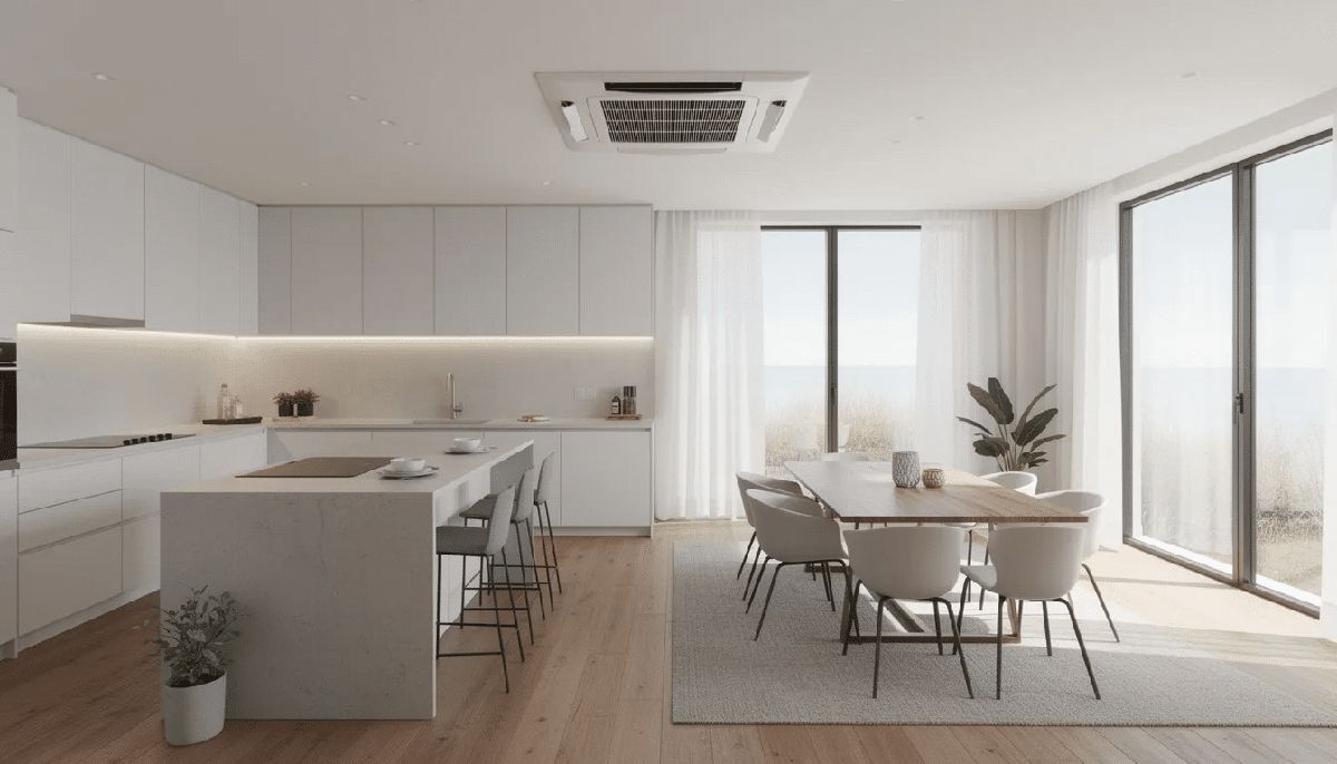 The image depicts a recessed ceiling cassette heat pump unit installed in a modern open-plan kitchen and dining area, showcasing its sleek design and quiet operation. This energy-efficient indoor unit is part of a heat pump system that provides both heating and cooling, ensuring year-round comfort in the space.