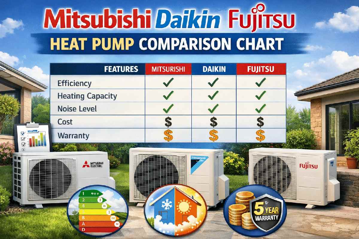 Mitsubishi Daikin Fujitsu heat pump comparison chart