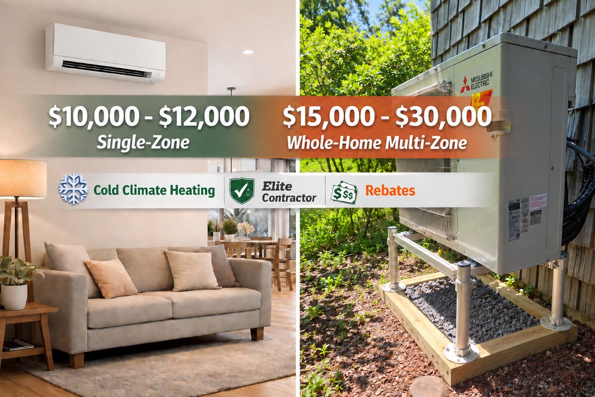 Mitsubishi mini split cost in Upstate NY and Vermont: $10,000–$12,000 single-zone wall unit in a living room, $15,000–$30,000 whole-home multi-zone Mitsubishi outdoor unit on a stand, with cold-climate heating, Elite contractor and rebate badges