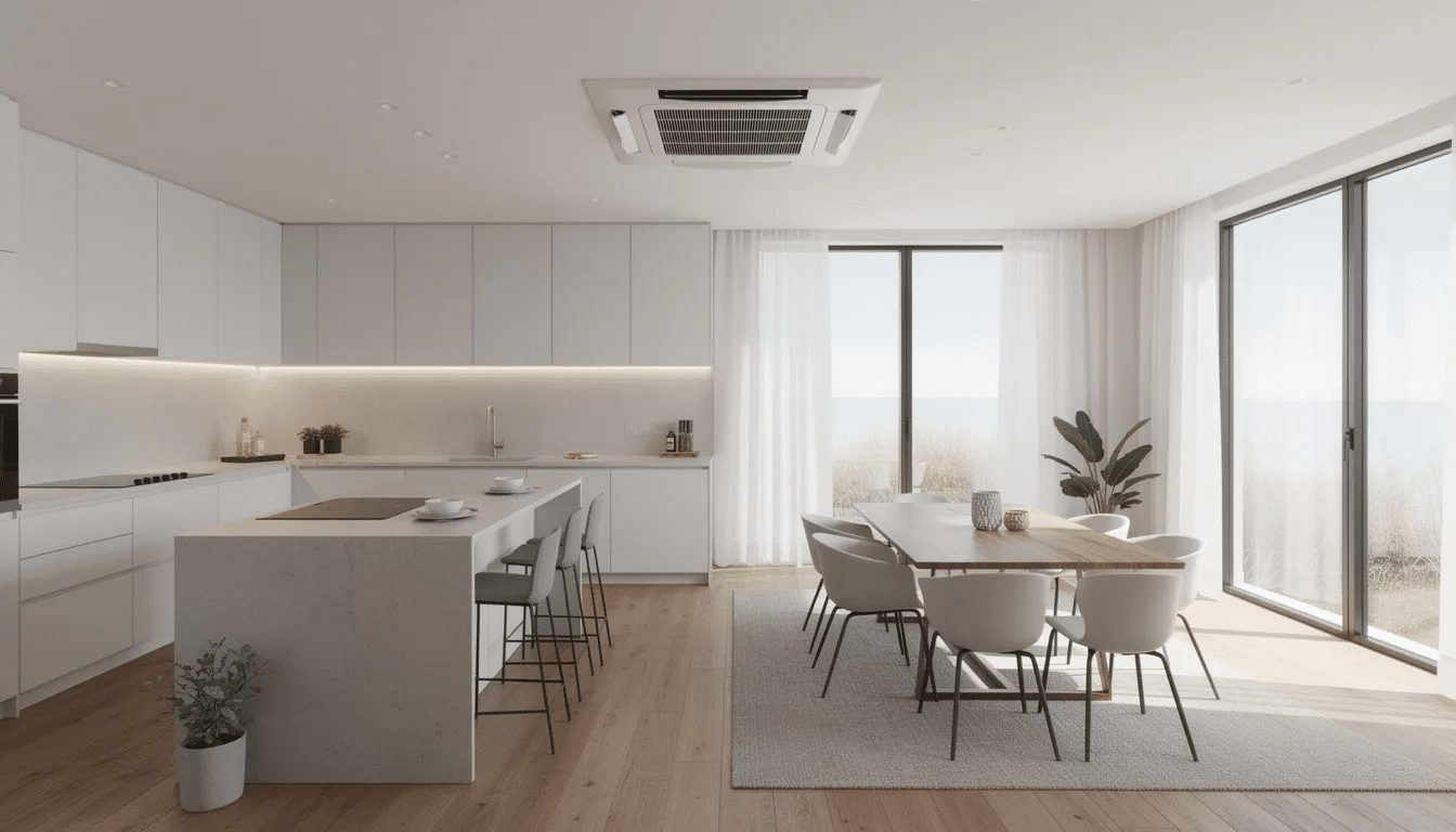 Mitsubishi ceiling cassette in an open commercial-style kitchen