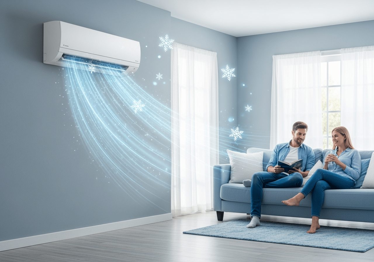 Homeowners relaxing under a Mitsubishi wall-mounted heat pump in a Vermont home