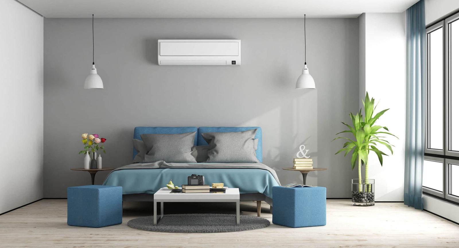 Mitsubishi wall-mounted heat pump in a Saratoga Springs bedroom