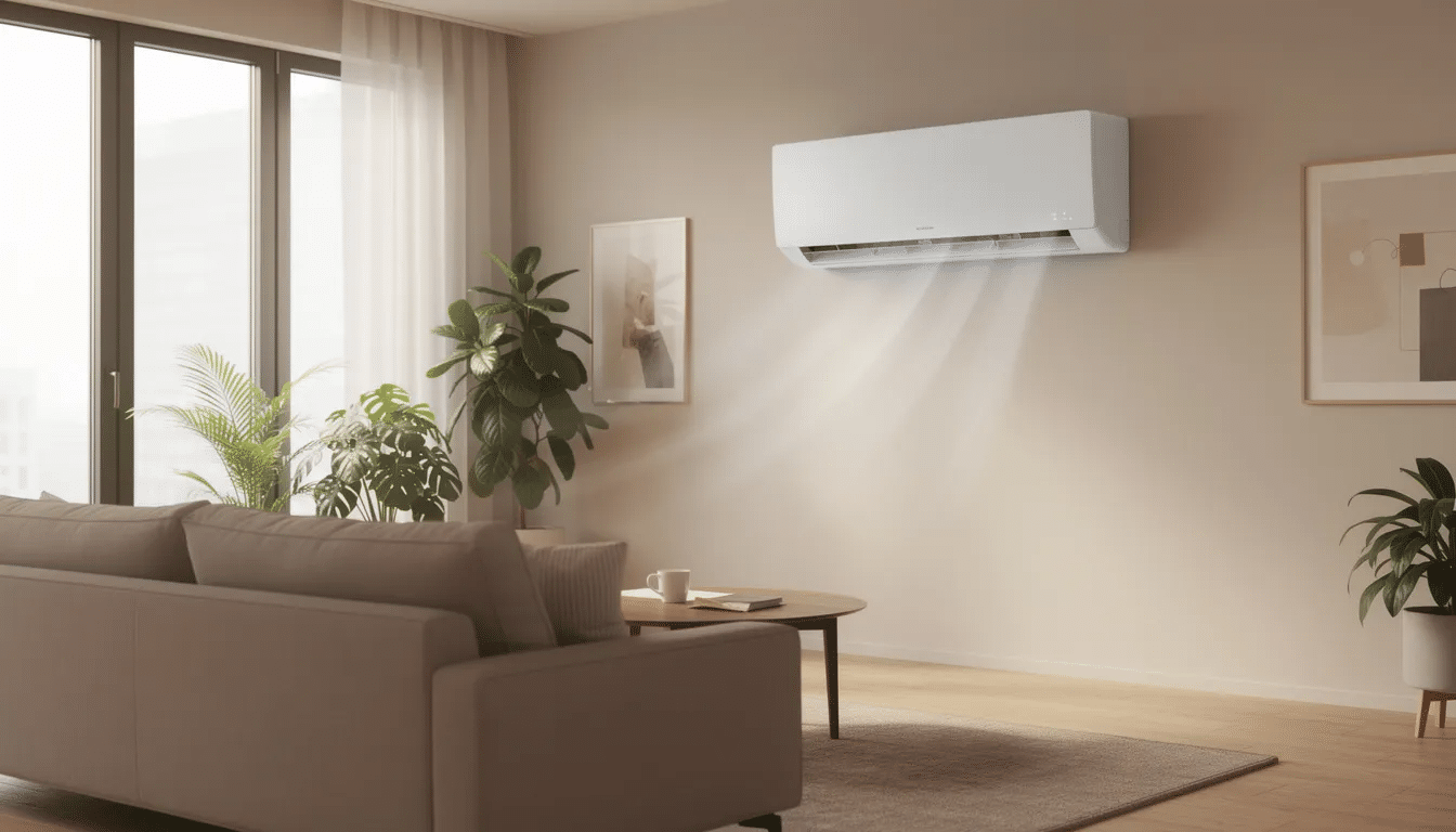 Heat Pump Mitsubishi: Cold-Climate Mitsubishi Heat Pumps Installed by Superior Co-Op HVAC 4 A modern wall-mounted indoor heat pump unit is installed in a cozy living room featuring large windows, providing efficient heating and cooling. This energy-efficient system, designed for quiet operation, offers year-round comfort while maintaining low noise levels and reduced energy consumption.