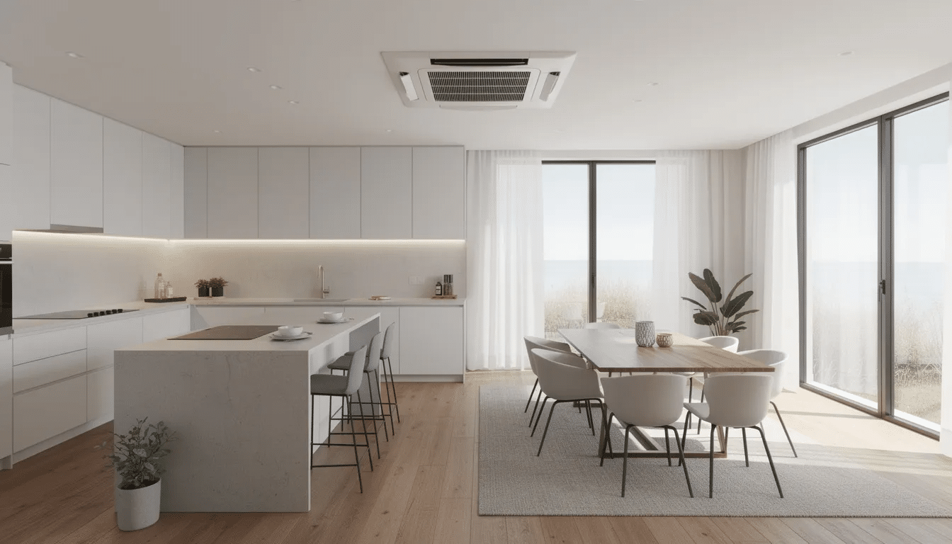 Heat Pump Mitsubishi: Cold-Climate Mitsubishi Heat Pumps Installed by Superior Co-Op HVAC 5 The image depicts a recessed ceiling cassette heat pump unit installed in a modern open-plan kitchen and dining area, showcasing its sleek design and quiet operation. This energy-efficient indoor unit is part of a heat pump system that provides both heating and cooling, ensuring year-round comfort in the space.